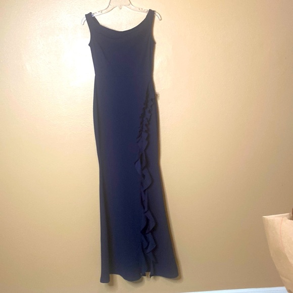 Navy long dress with ruffled split. - Picture 2 of 7
